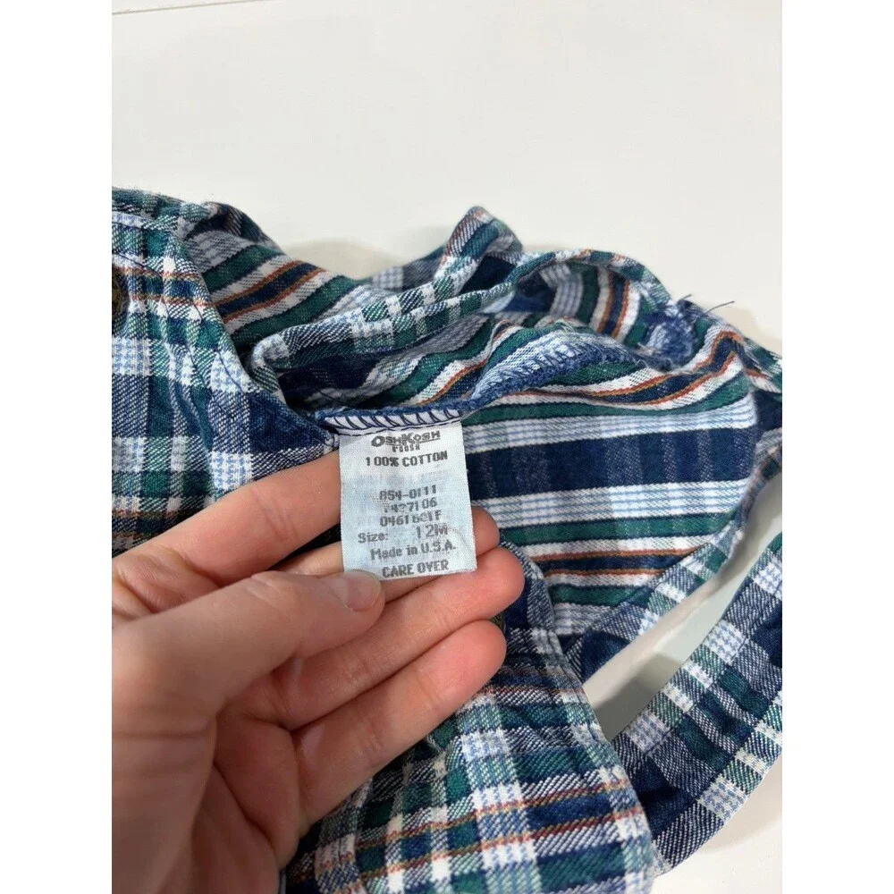 Vintage OshKosh Blue Green White Plaid Cotton Bib Overalls One-Piece 12m